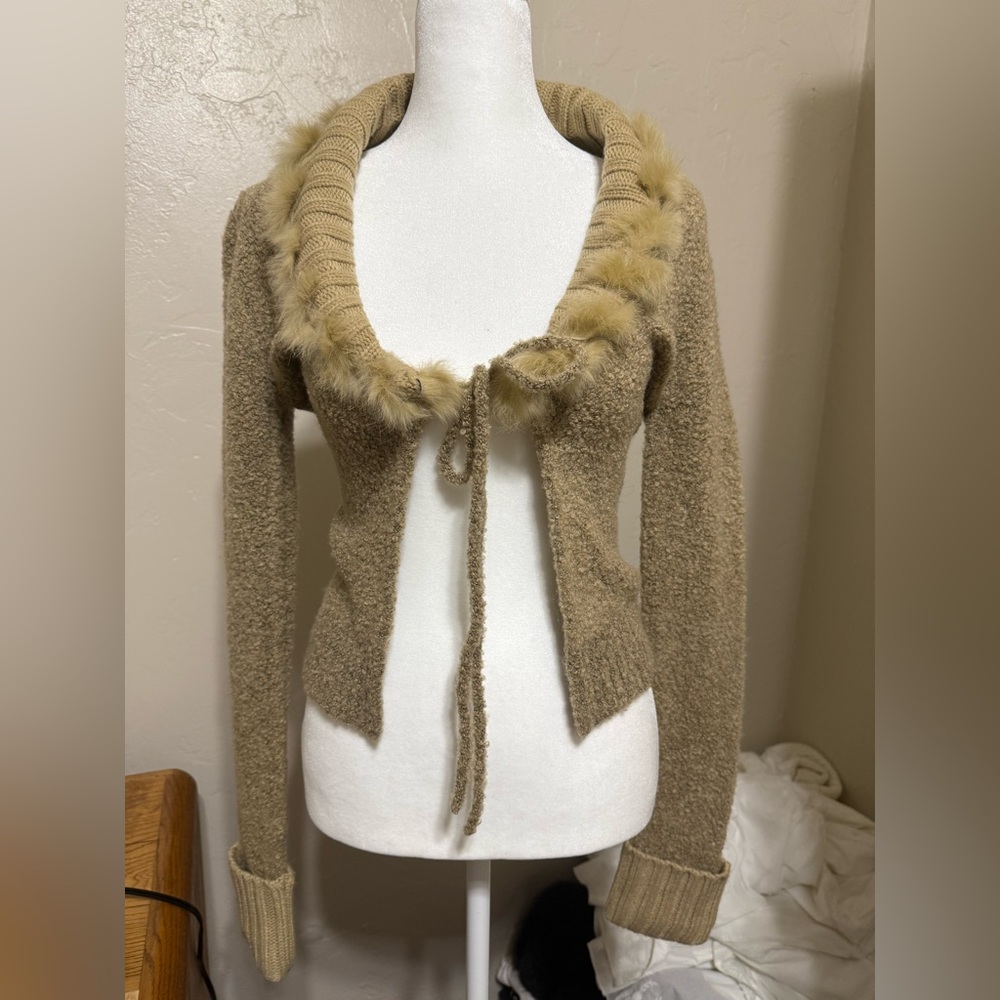 Vintage De Rothschild Tie-Front Sweater Cardigan – Faux Fur Trim – Size S/M